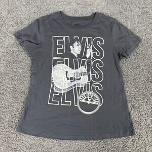 Elvis Shirt Womens Small Gray White Sun Records Big Print Short Sleeve Ladies